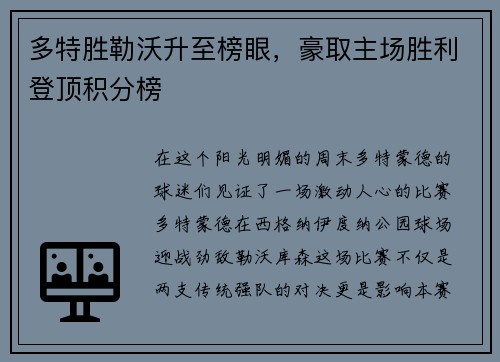 多特胜勒沃升至榜眼，豪取主场胜利登顶积分榜